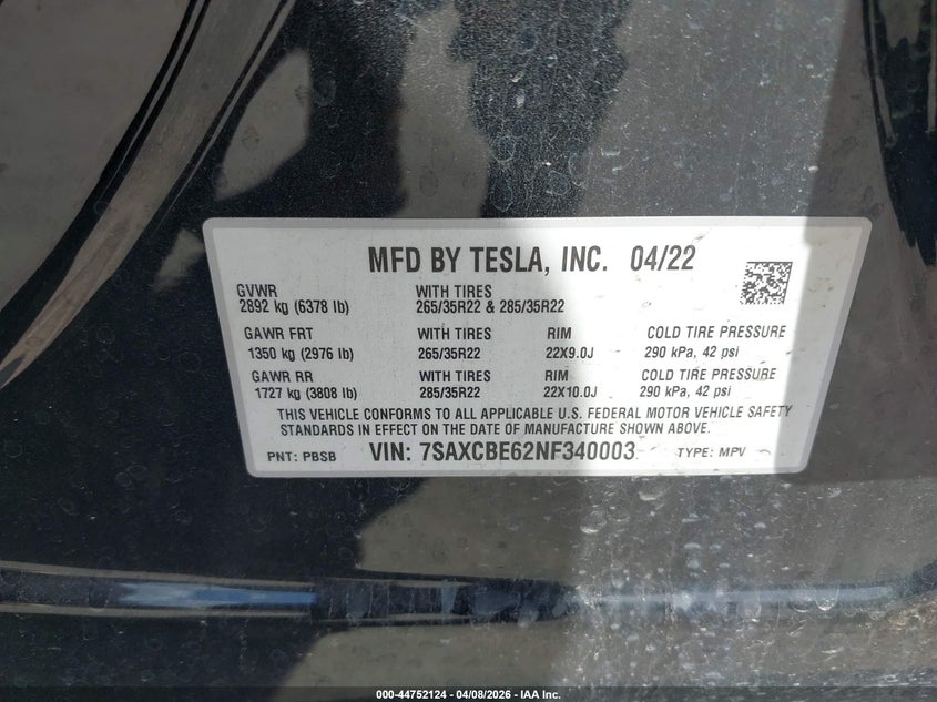 2022 Tesla Model X Plaid Tri Motor All-Wheel Drive VIN: 7SAXCBE62NF340003 Lot: 44752124