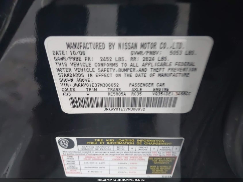 2007 Infiniti M35 Sport VIN: JNKAY01E37M306652 Lot: 44752154