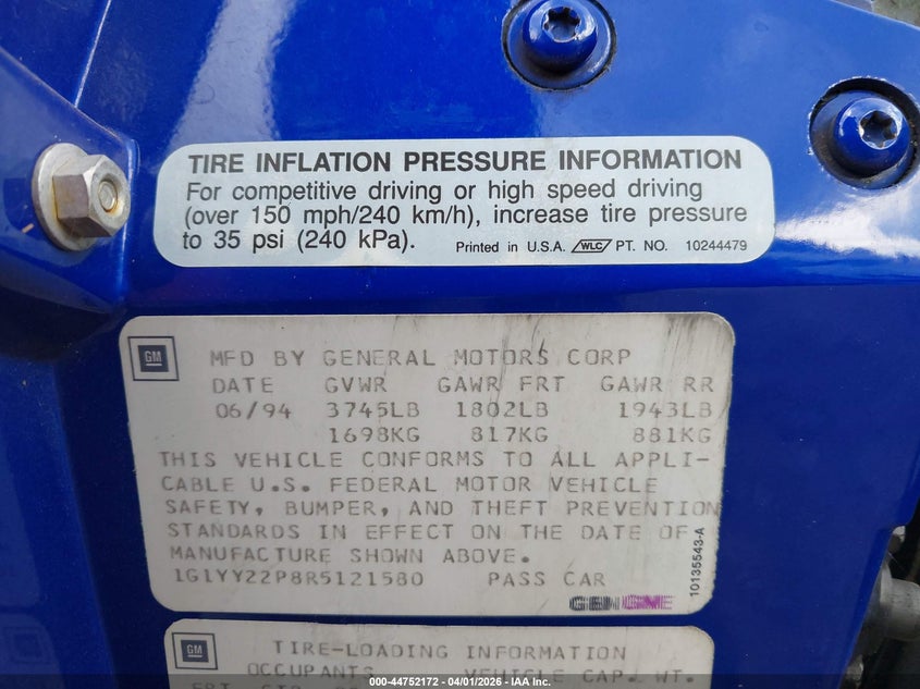 1994 Chevrolet Corvette VIN: 1G1YY22P8R5121580 Lot: 44752172