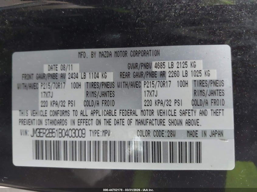 2011 Mazda Cx-7 I Sport VIN: JM3ER2B51B0403009 Lot: 44752178