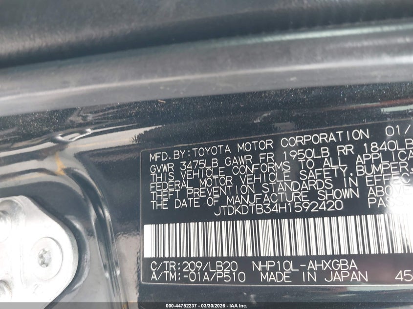 2017 Toyota Prius C Four VIN: JTDKDTB34H1592420 Lot: 44752237