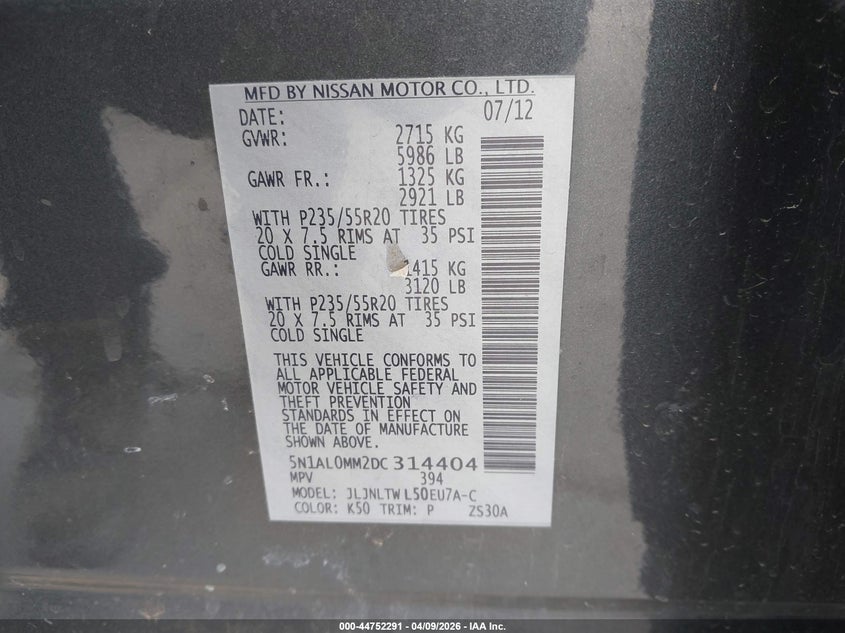 2013 Infiniti Jx35 VIN: 5N1AL0MM2DC314404 Lot: 44752291