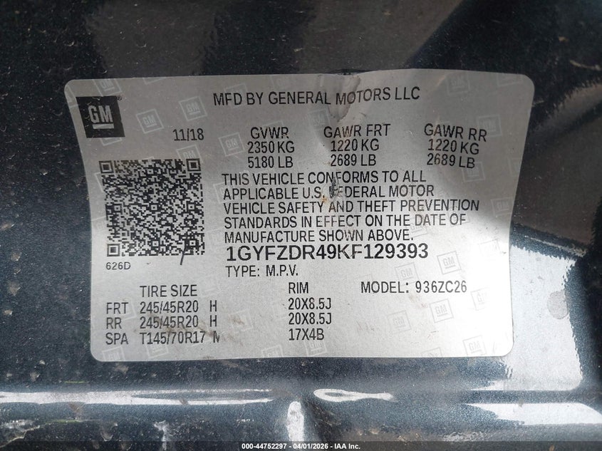 2019 Cadillac Xt4 Premium Luxury VIN: 1GYFZDR49KF129393 Lot: 44752297