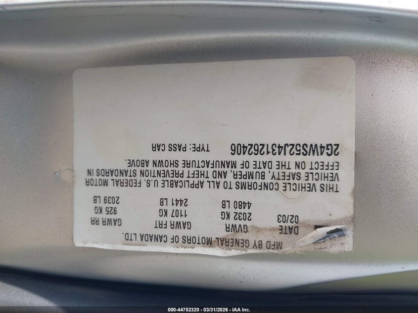 2003 Buick Century Custom VIN: 2G4WS52J431262406 Lot: 44752320