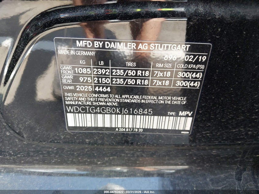 2019 Mercedes-Benz Gla 250 4Matic VIN: WDCTG4GB0KJ616845 Lot: 44752422