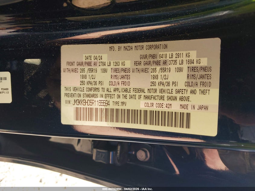 2024 Mazda Cx-90 3.3 Turbo Preferred VIN: JM3KKBHD5R1165594 Lot: 44752494