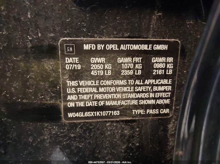 2019 Buick Regal Sportback Fwd Preferred VIN: W04GL6SX1K1077163 Lot: 44752557