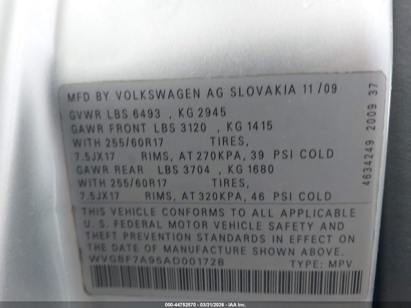 2010 Volkswagen Touareg Vr6 Fsi VIN: WVGBF7A95AD001728 Lot: 44752570