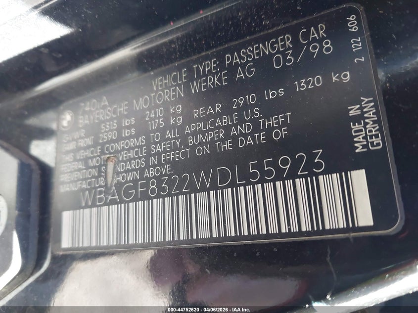 1998 BMW 740Ia VIN: WBAGF8322WDL55923 Lot: 44752620
