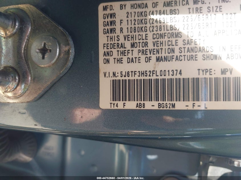 2015 Honda Crosstour Ex-L VIN: 5J6TF3H52FL001374 Lot: 44752660