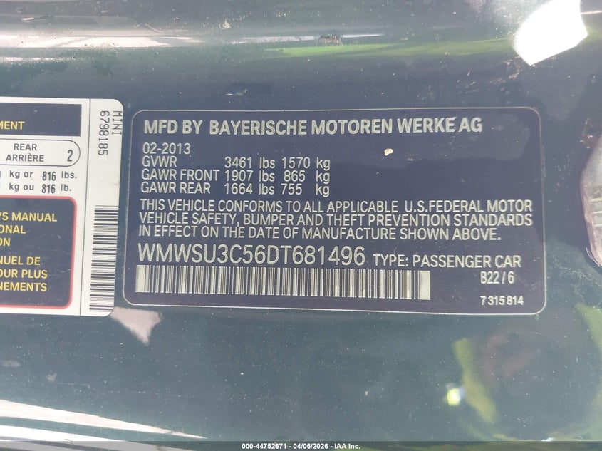 2013 Mini Hardtop Cooper VIN: WMWSU3C56DT681496 Lot: 44752671