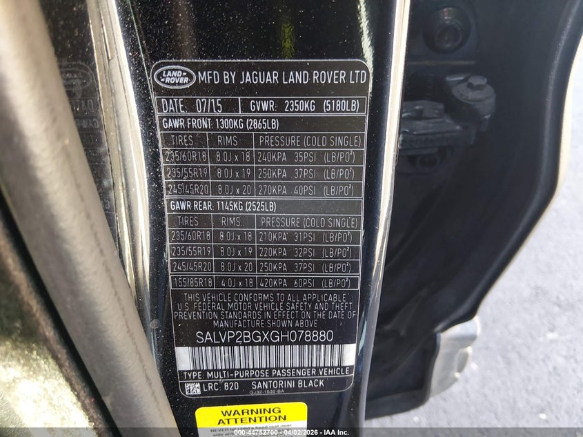 2016 Land Rover Range Rover Evoque Se/Se Premium VIN: SALVP2BGXGH078880 Lot: 44752700