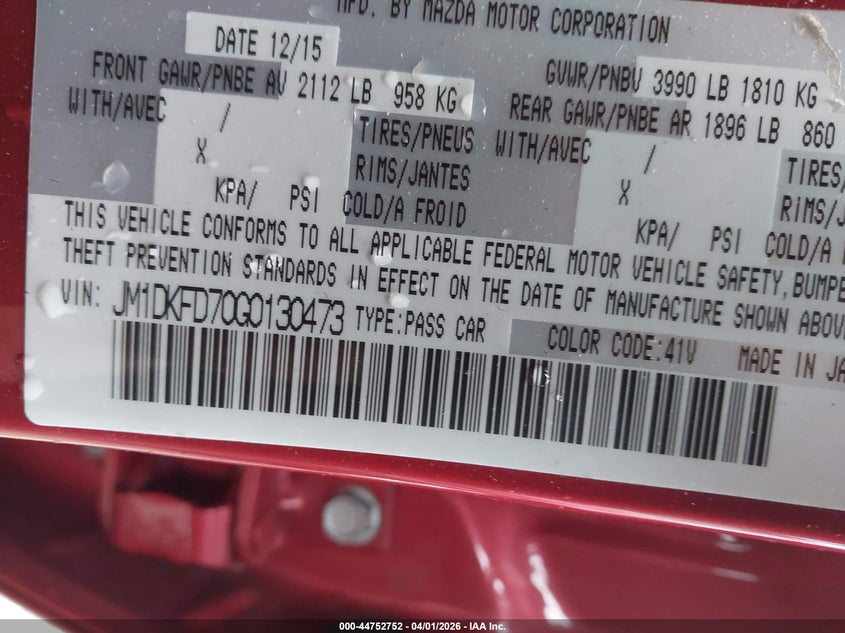 2016 Mazda Cx-3 Grand Touring VIN: JM1DKFD70G0130473 Lot: 44752752