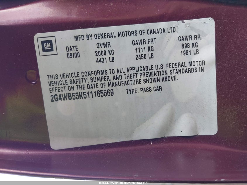 2001 Buick Regal Ls VIN: 2G4WB55K511165569 Lot: 44752782
