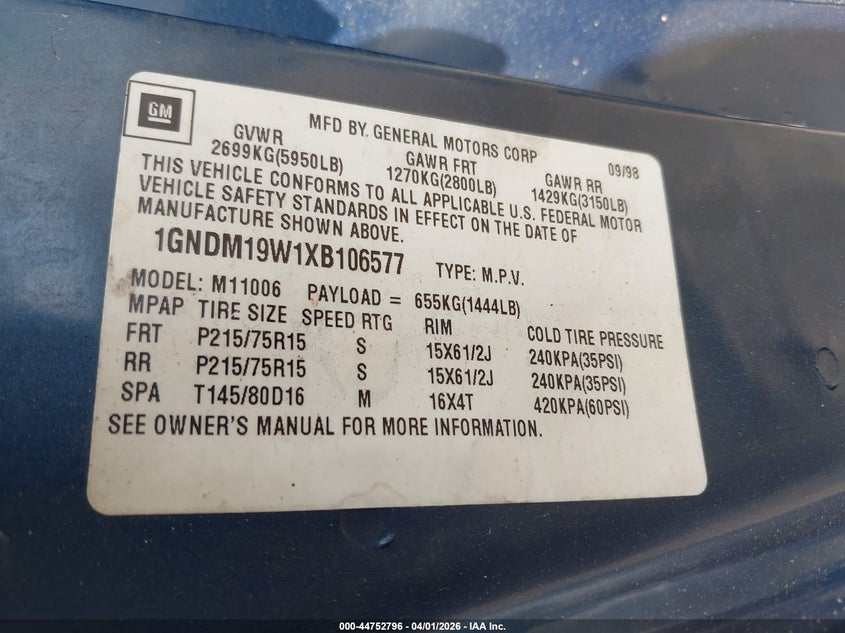 1999 Chevrolet Astro VIN: 1GNDM19W1XB106577 Lot: 44752796