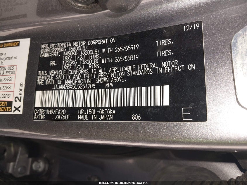 2020 Lexus Gx 460 Premium VIN: JTJAM7BX5L5251208 Lot: 44752816