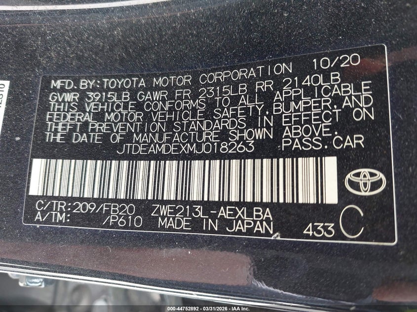 2021 TOYOTA COROLLA SEDAN 1.8L I-4 DOHC, VVT, 96HP