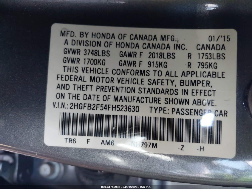 2015 HONDA CIVIC SEDAN 1.8L I-4 VVT, 143HP