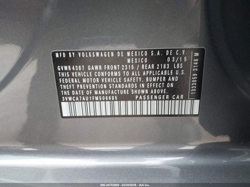 2015 Volkswagen Golf Sportwagen Tdi Sel 4-Door VIN: 3VWCA7AU1FM506685 Lot: 44752989