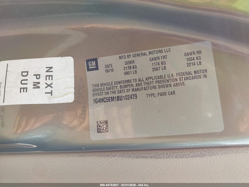 BUICK LUCERNE 2011 VIN 1G4HC5EM1BU102479