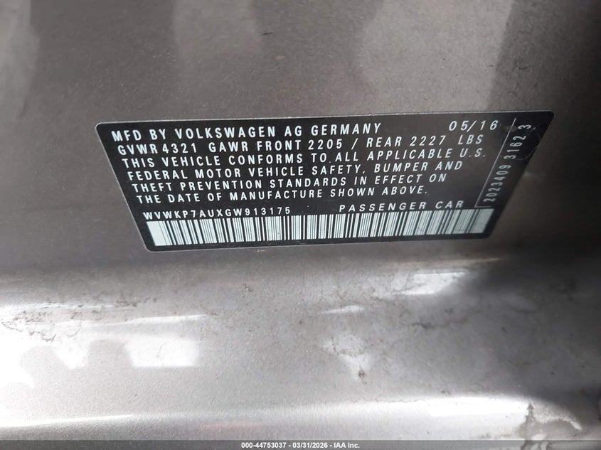 2016 Volkswagen E-Golf Se VIN: WVWKP7AUXGW913175 Lot: 44753037