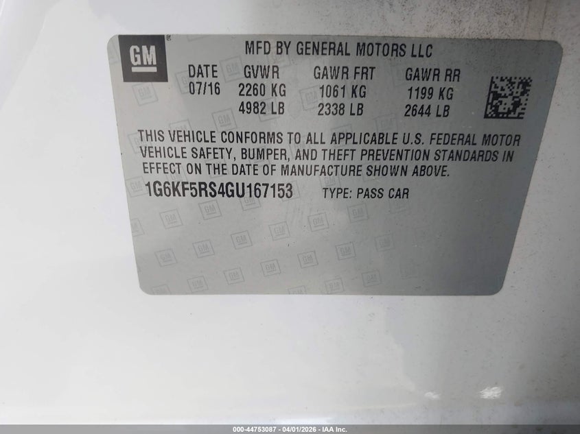 2016 Cadillac Ct6 Premium Luxury VIN: 1G6KF5RS4GU167153 Lot: 44753087