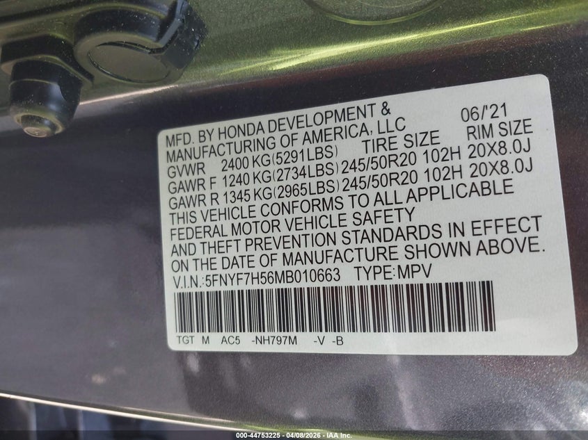 2021 Honda Passport 2Wd Ex-L VIN: 5FNYF7H56MB010663 Lot: 44753225