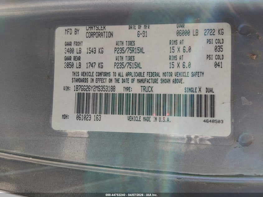 1991 Dodge Dakota VIN: 1B7GG26Y2MS353188 Lot: 44753240