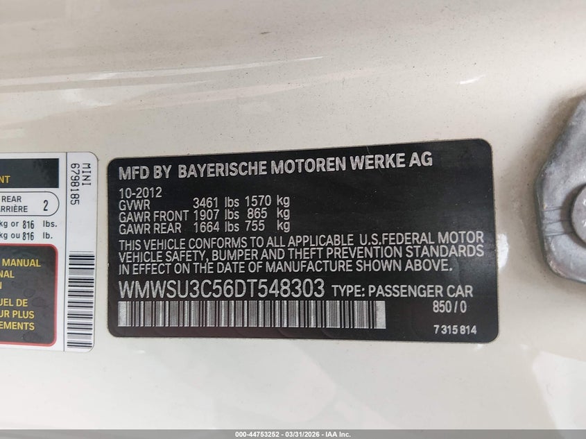 2013 Mini Hardtop Cooper VIN: WMWSU3C56DT548303 Lot: 44753252