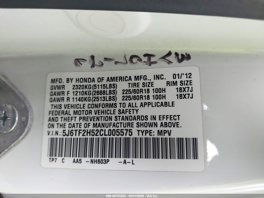 2012 Honda Crosstour Ex-L VIN: 5J6TF2H52CL005575 Lot: 44753302