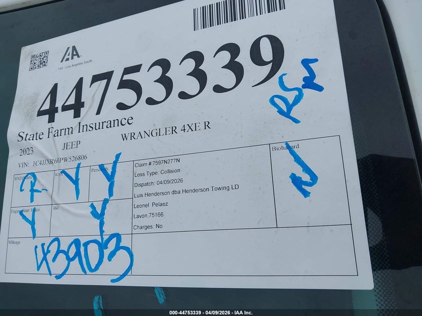 2023 Jeep Wrangler 4Xe Rubicon 4X4 VIN: 1C4JJXR68PW526806 Lot: 44753339