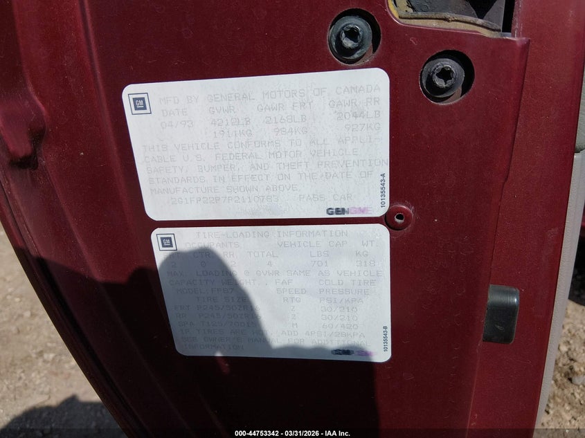 1993 Chevrolet Camaro Z28 VIN: 2G1FP22P7P2110783 Lot: 44753342