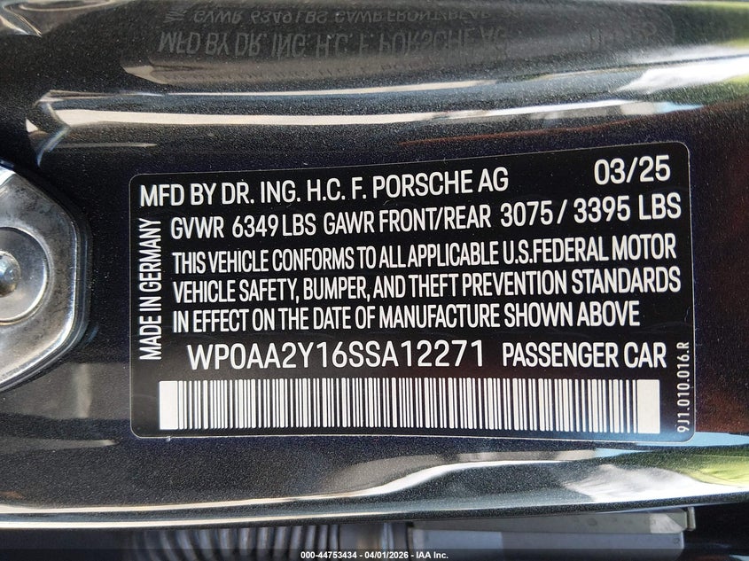 2025 Porsche Taycan 4 VIN: WP0AA2Y16SSA12271 Lot: 44753434