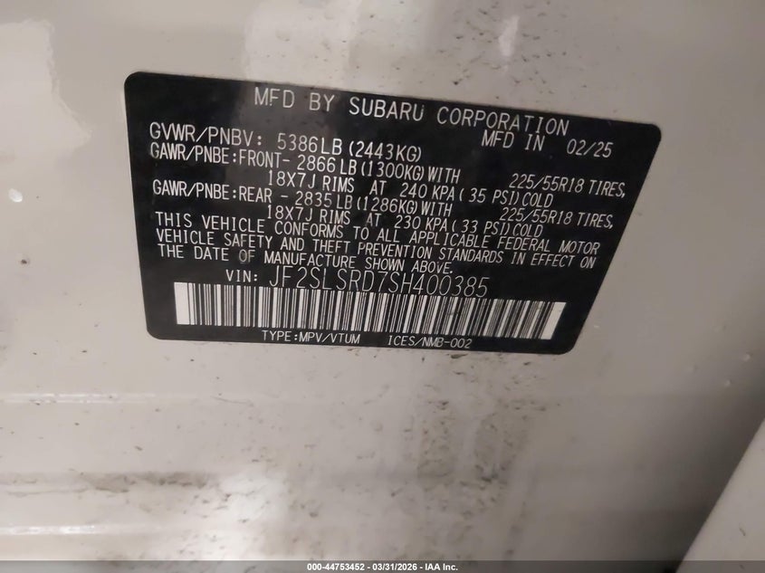 VIN JF2SLSRD7SH400385 2025 SUBARU FORESTER LIMITED HYBRID