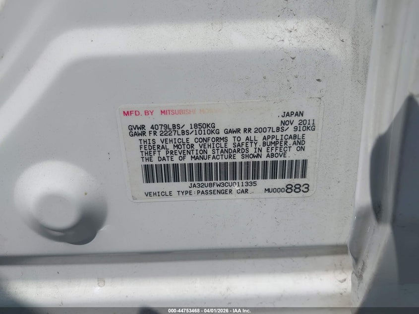 2012 Mitsubishi Lancer Gt VIN: JA32U8FW3CU011335 Lot: 44753468