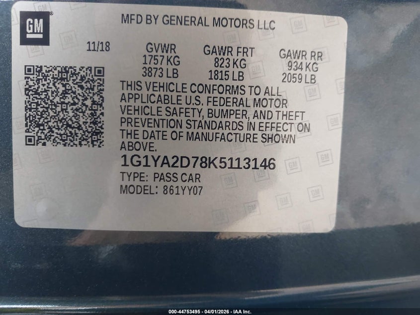 2019 Chevrolet Corvette Stingray VIN: 1G1YA2D78K5113146 Lot: 44753495