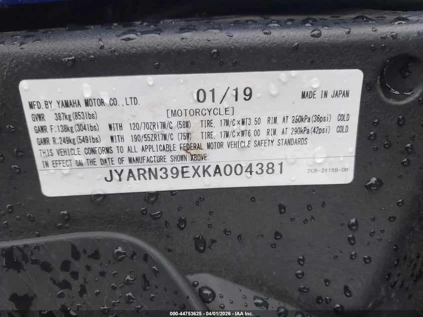 2019 Yamaha Yzfr1 VIN: JYARN39EXKA004381 Lot: 44753625