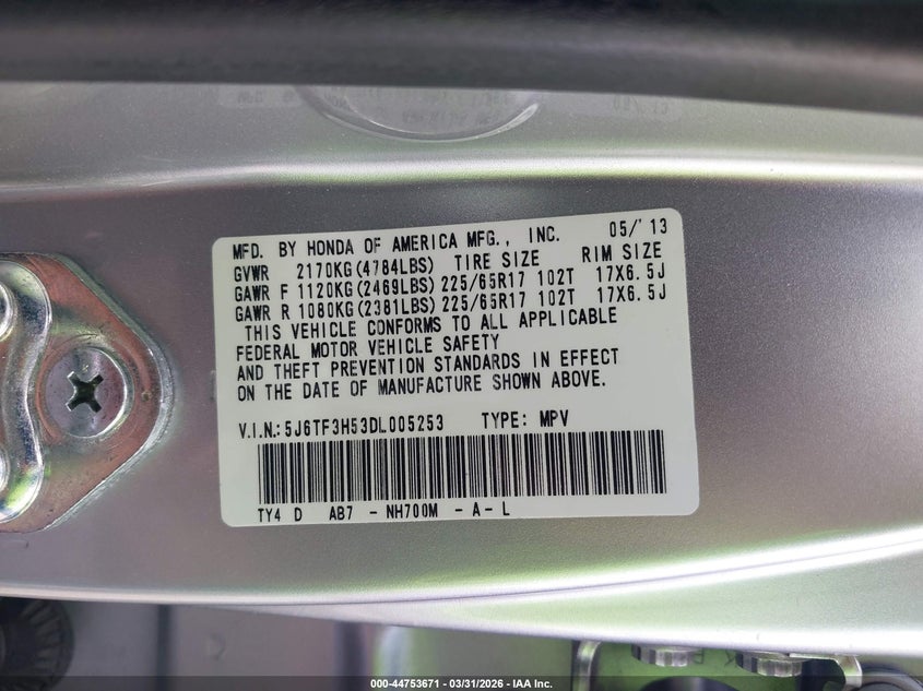 2013 Honda Crosstour Ex-L VIN: 5J6TF3H53DL005253 Lot: 44753671