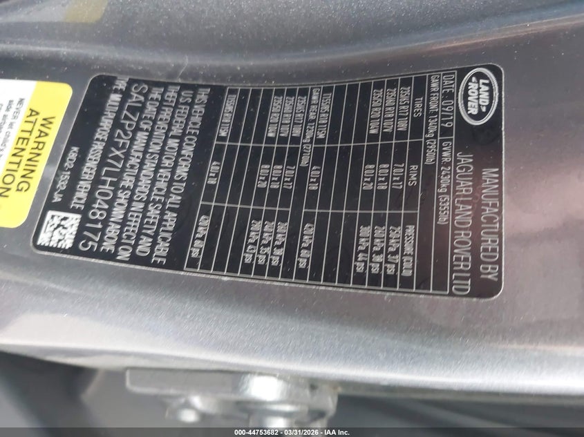 2020 Land Rover Range Rover Evoque Se VIN: SALZP2FX7LH048175 Lot: 44753682