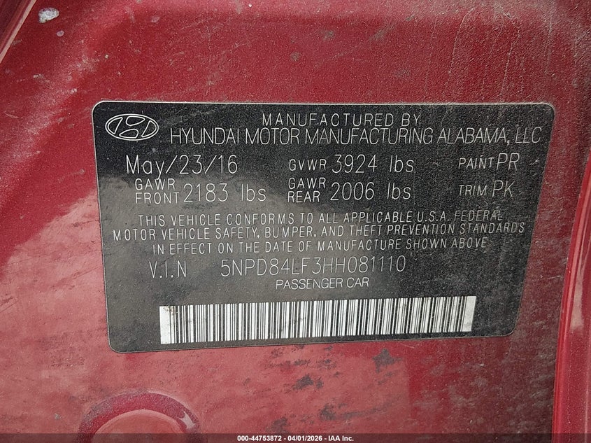 VIN 5NPD84LF3HH081110 2017 HYUNDAI ELANTRA SE