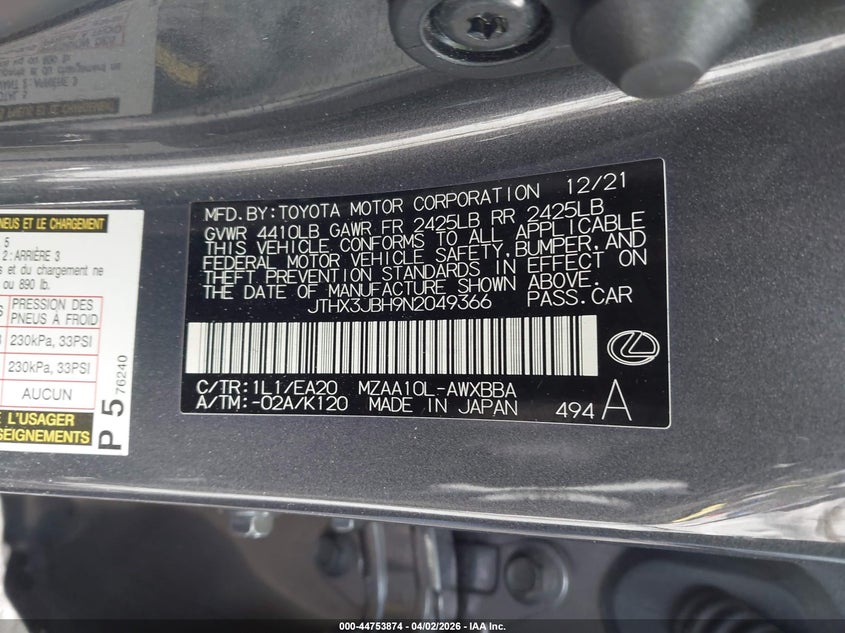 2022 Lexus Ux 200 VIN: JTHX3JBH9N2049366 Lot: 44753874