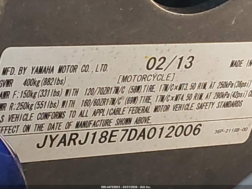 2013 Yamaha Fz6 R VIN: JYARJ18E7DA012006 Lot: 44753933