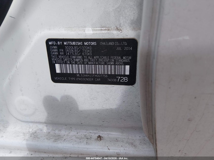 2015 Mitsubishi Mirage Es/Rf VIN: ML32A4HJ1FH007756 Lot: 44754047
