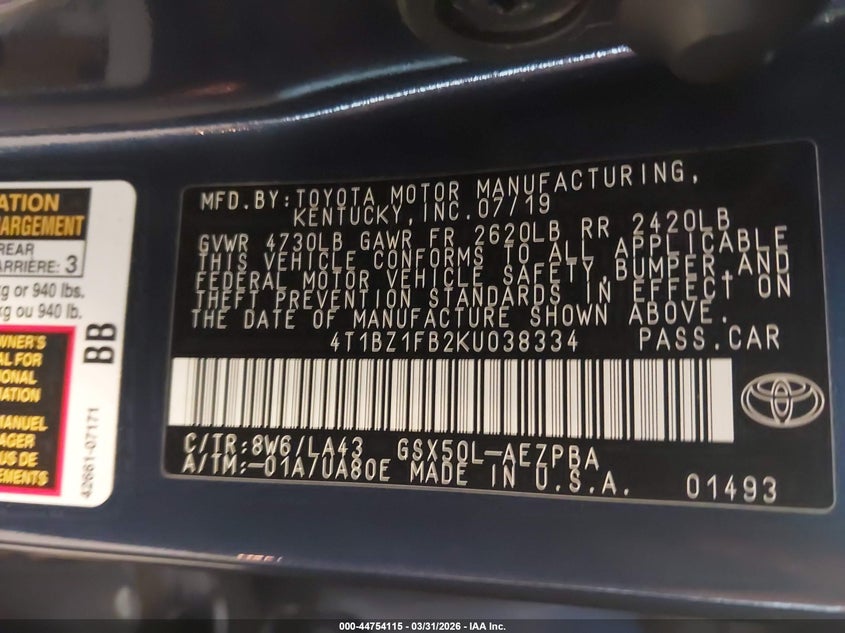 2019 Toyota Avalon Limited VIN: 4T1BZ1FB2KU038334 Lot: 44754115