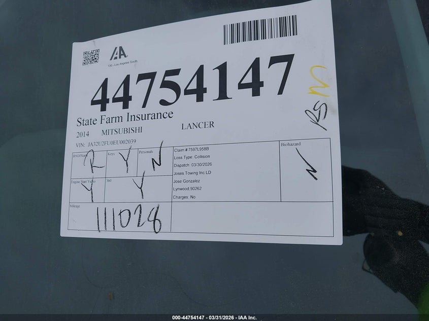 2014 Mitsubishi Lancer Es VIN: JA32U2FU0EU002039 Lot: 44754147