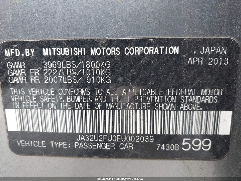 2014 Mitsubishi Lancer Es VIN: JA32U2FU0EU002039 Lot: 44754147