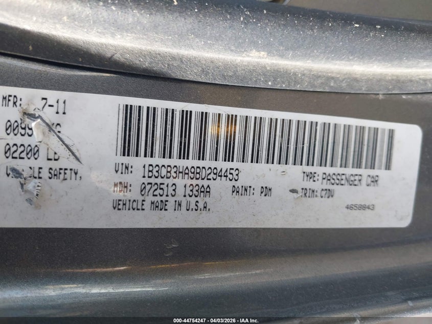 2011 Dodge Caliber Mainstreet VIN: 1B3CB3HA9BD294453 Lot: 44754247