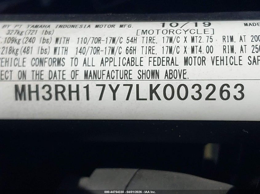 2020 Yamaha Yzfr3 VIN: MH3RH17Y7LK003263 Lot: 44754330