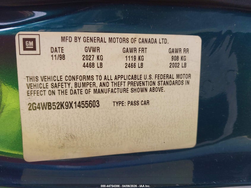 1999 Buick Regal Ls VIN: 2G4WB52K9X1455603 Lot: 44754386