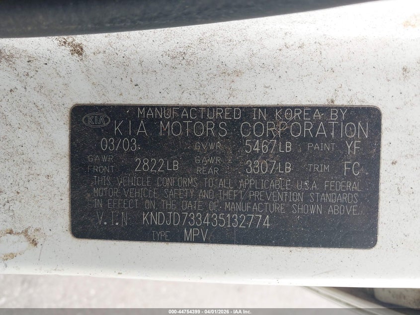 2003 Kia Sorento Ex/Lx VIN: KNDJD733435132774 Lot: 44754399